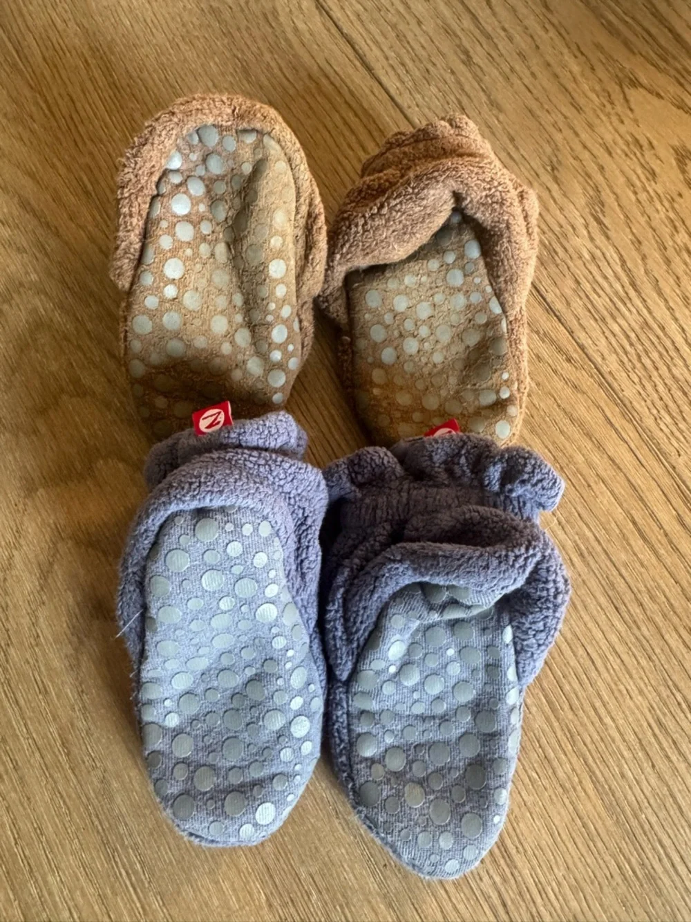 Plush Baby Booties - Blue and Brown Soft Fleece Slip-Ons